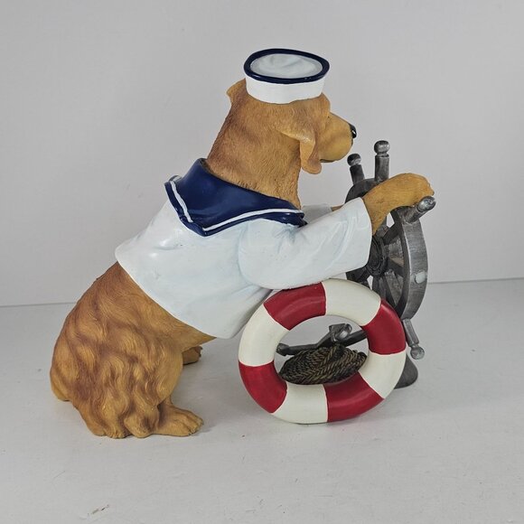 Golden Retriever Nautical Figurine In Sailor Outfit Ship Wheel By Punch Studio - Picture 5 of 8